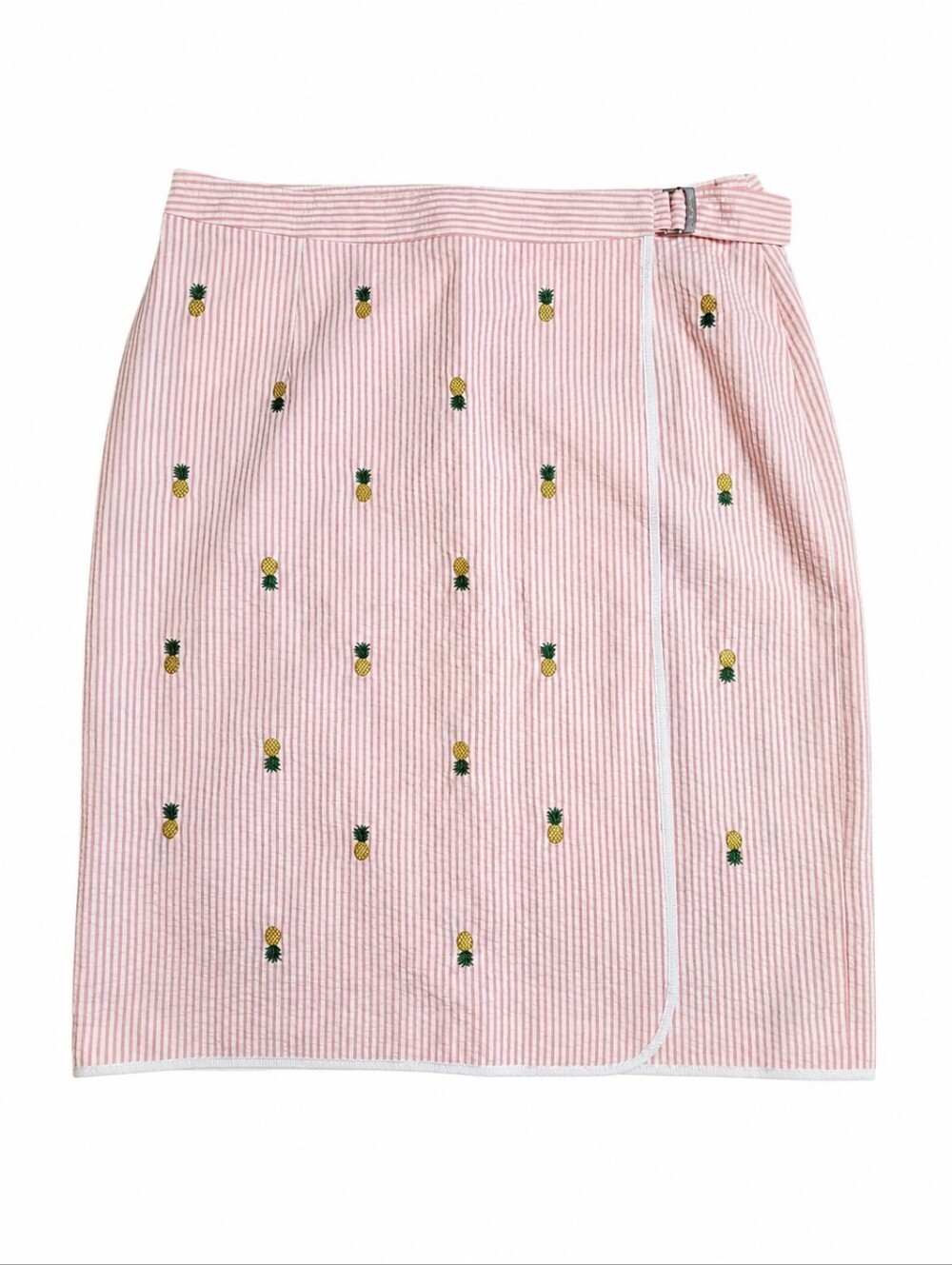 Brooks Brothers Pink White Seersucker Pineapple Embroidered Wrap Skirt Size 8